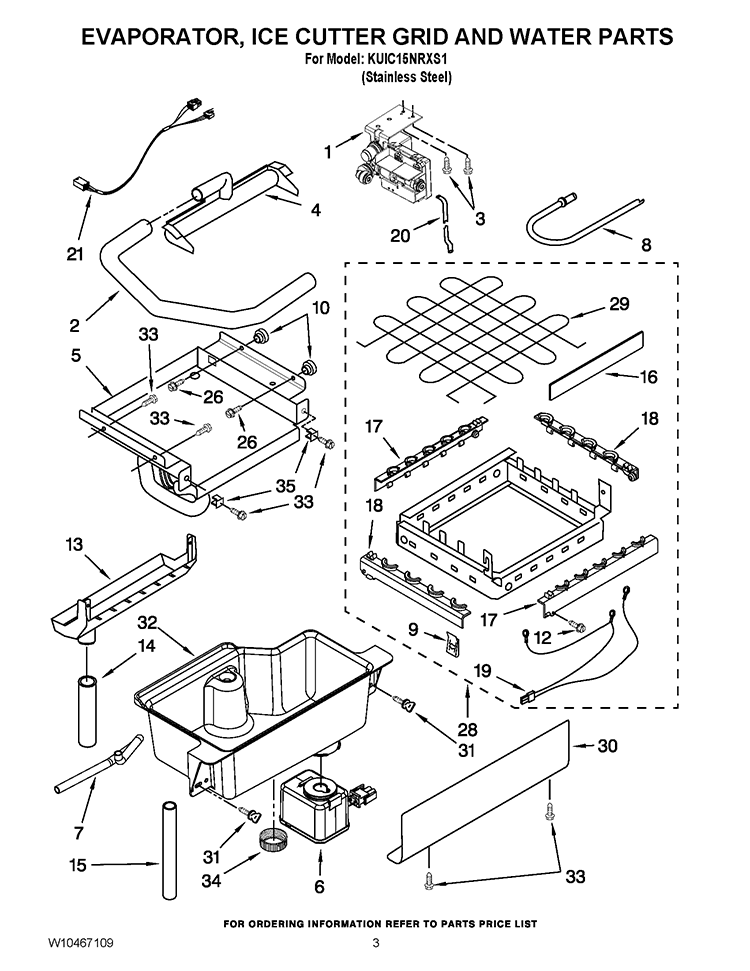 EVAPORATOR, ICE CUTTER GRID AND WATER PARTS Diagram and Parts List for KUIC15NRXS1  KitchenAid Ice Maker