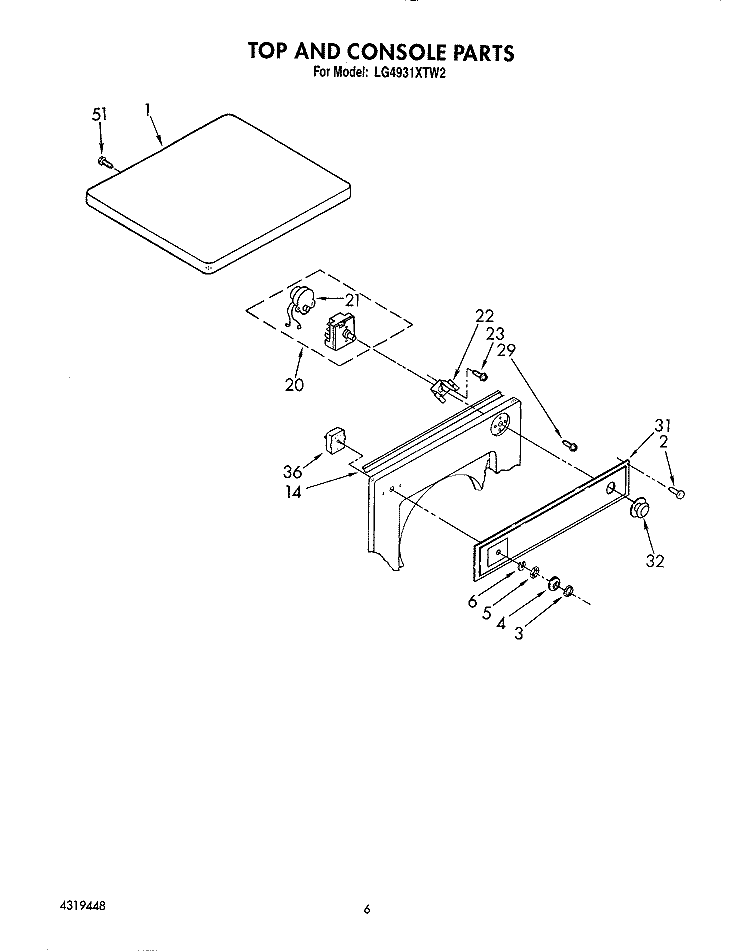 TOP AND CONSOLE Diagram and Parts List for LG4931XTW2  Whirlpool Dryer