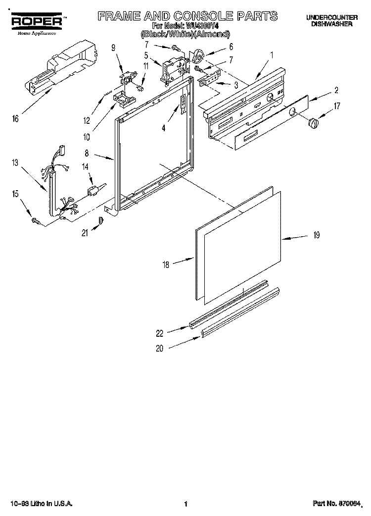FRAME AND CONSOLE Diagram and Parts List for WU4300Y4  Roper Dishwasher