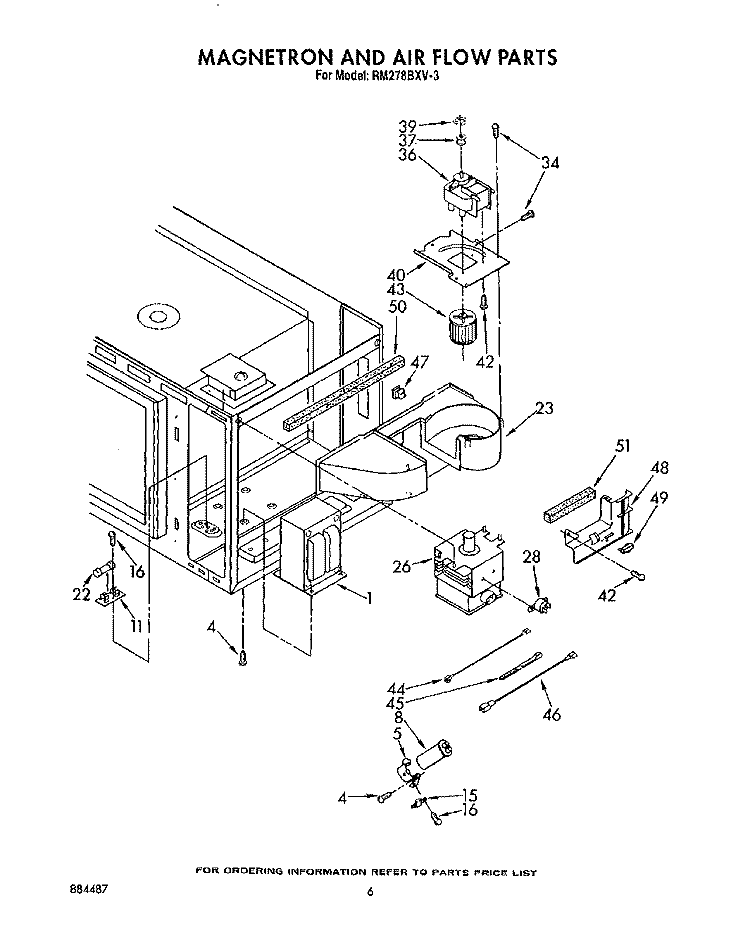 MAGNETRON AND AIR FLOW Diagram and Parts List for RM278BXV3  Whirlpool Microwave Oven Combo