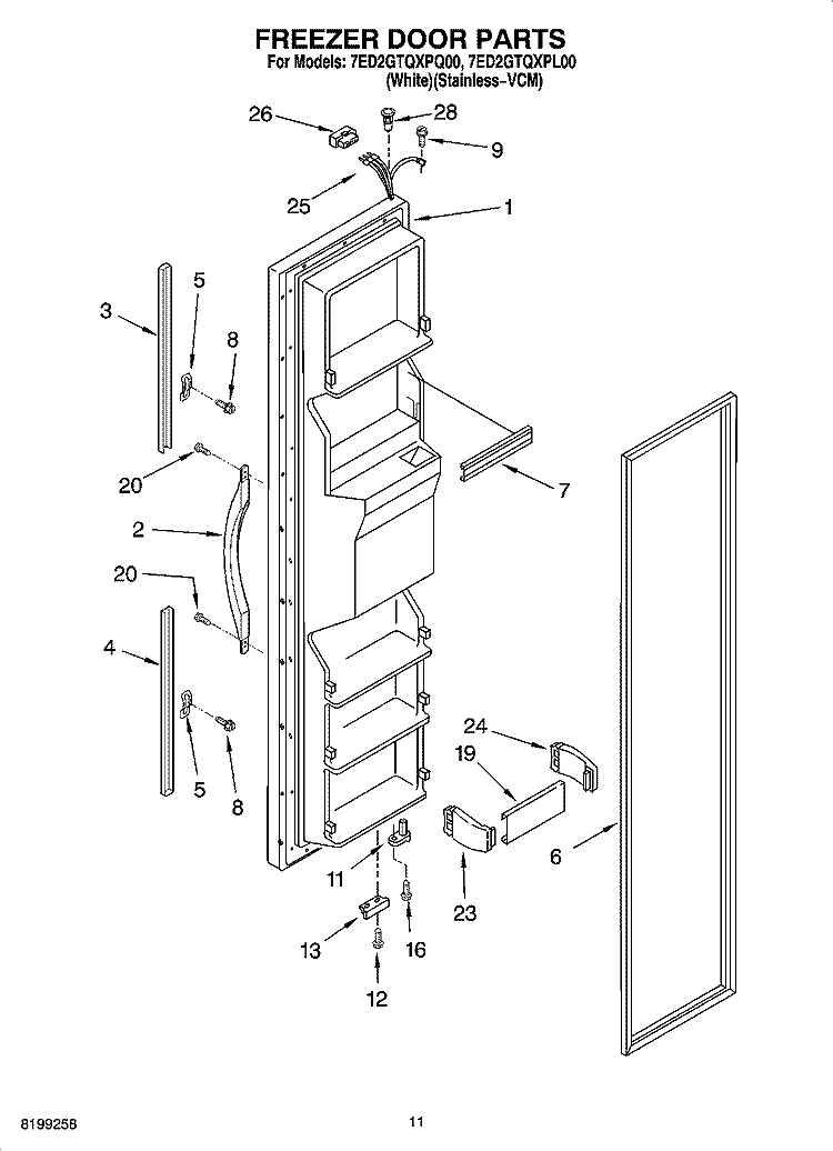 FREEZER DOOR PARTS Diagram and Parts List for 7ED2GTQXPL00  Whirlpool Refrigerator