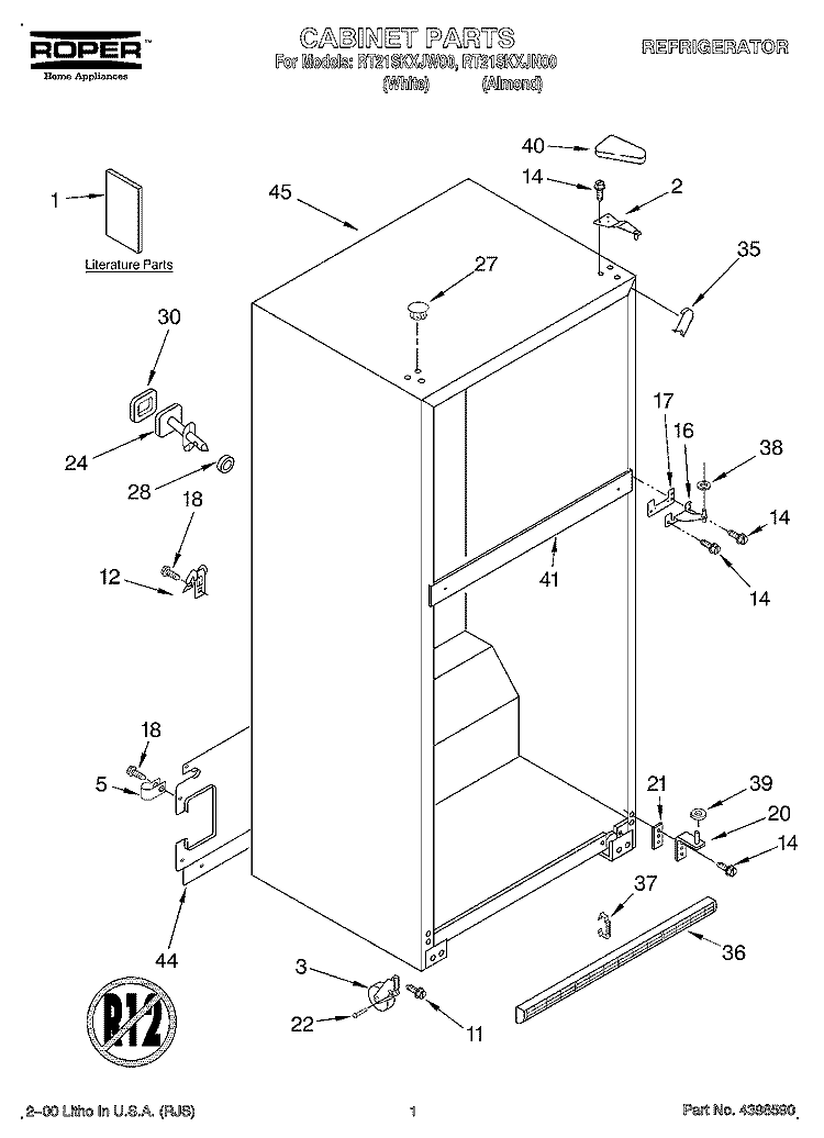 CABINET, LITERATURE Diagram and Parts List for RT21SKXJN00  Roper Refrigerator
