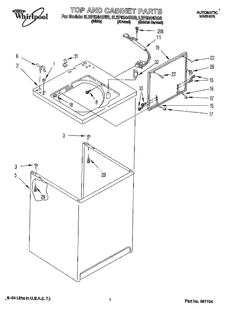 TOP AND CABINET, LIT/OPTIONAL Diagram and Parts List for 8LSP6244BN0  Whirlpool Washer