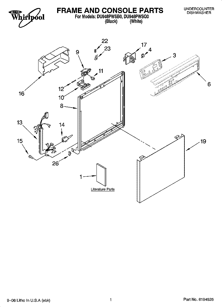 FRAME AND CONSOLE PARTS Diagram and Parts List for DU948PWSQ0  Whirlpool Dishwasher