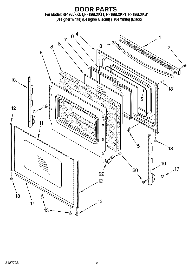 DOOR PARTS Diagram and Parts List for RF196LXKQ1  Whirlpool Range