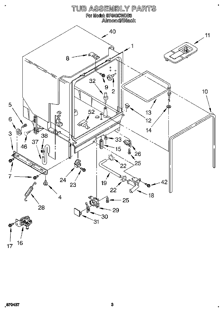 TUB ASSEMBLY Diagram and Parts List for DP840CWDB3  Whirlpool Dishwasher