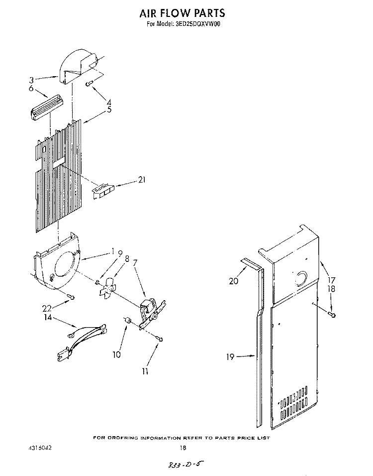 AIR FLOW Diagram and Parts List for 3ED25DQXVN00  Whirlpool Refrigerator