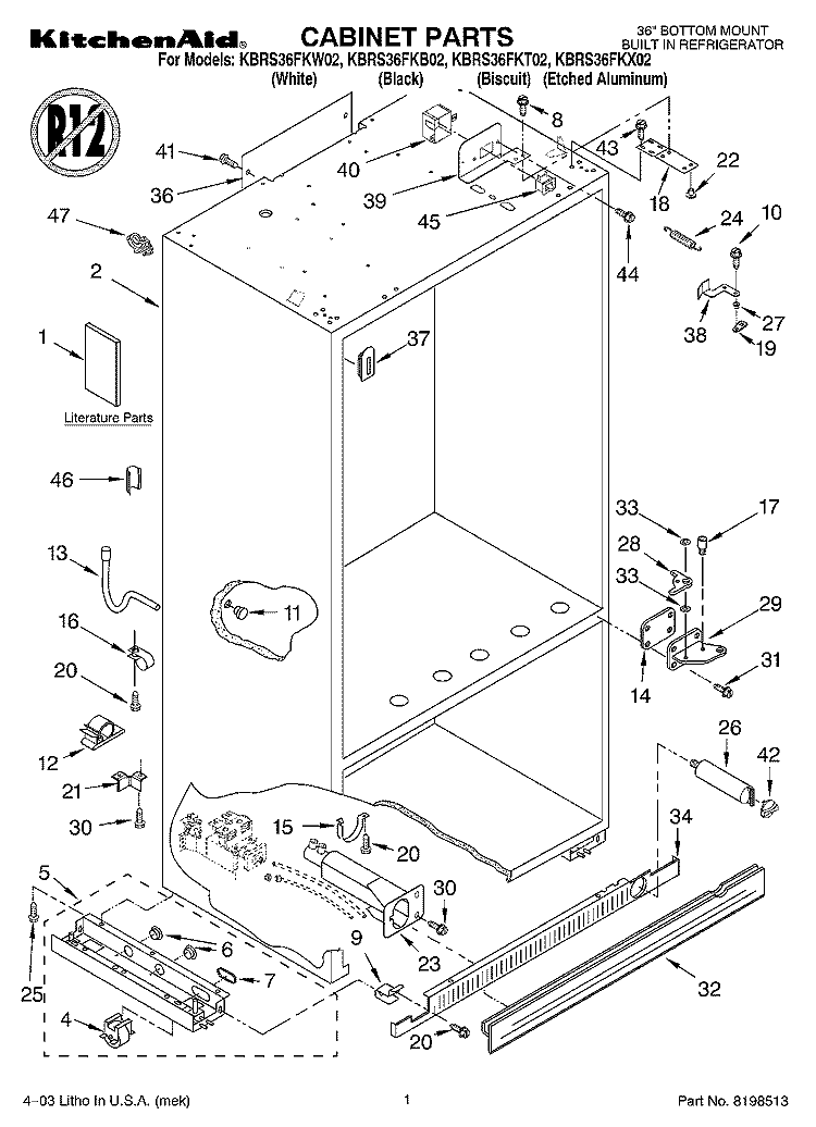 CABINET PARTS Diagram and Parts List for KBRS36FKX02  KitchenAid Refrigerator