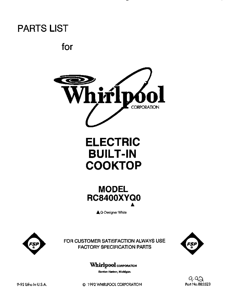 SECTION Diagram and Parts List for RC8400XYQ0  Whirlpool Cooktop
