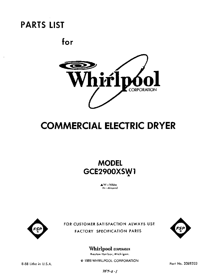 SECTION Diagram and Parts List for GCE2900XSN1  Whirlpool Dryer