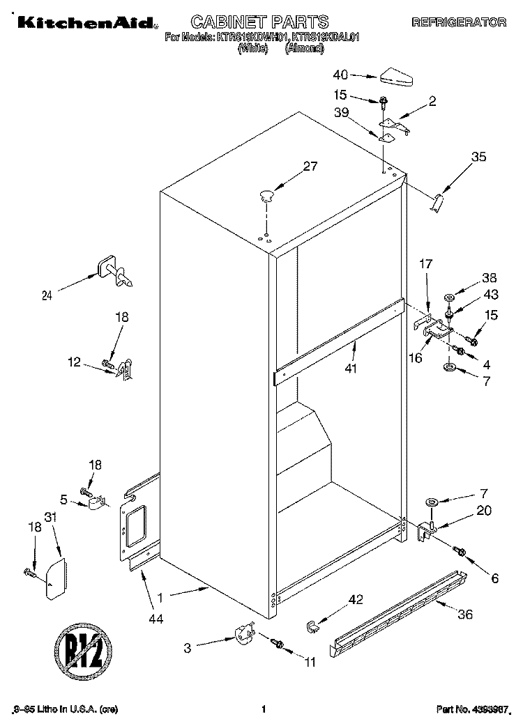 CABINET Diagram and Parts List for KTRS19KDAL01  KitchenAid Refrigerator