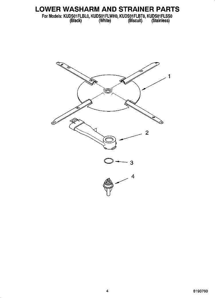 LOWER WASHARM AND STRAINER PARTS Diagram and Parts List for KUDS01FLWH0  KitchenAid Dishwasher