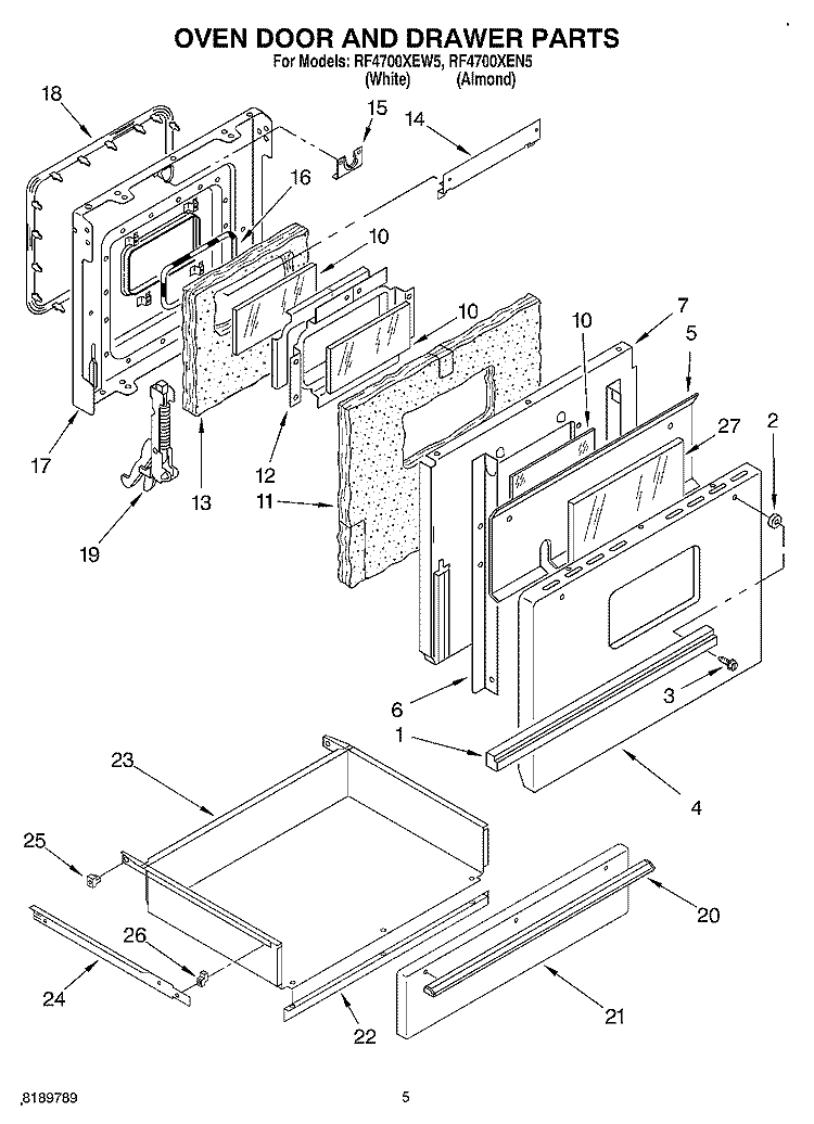 OVEN DOOR AND DRAWER Diagram and Parts List for RF4700XEW5  Whirlpool Range