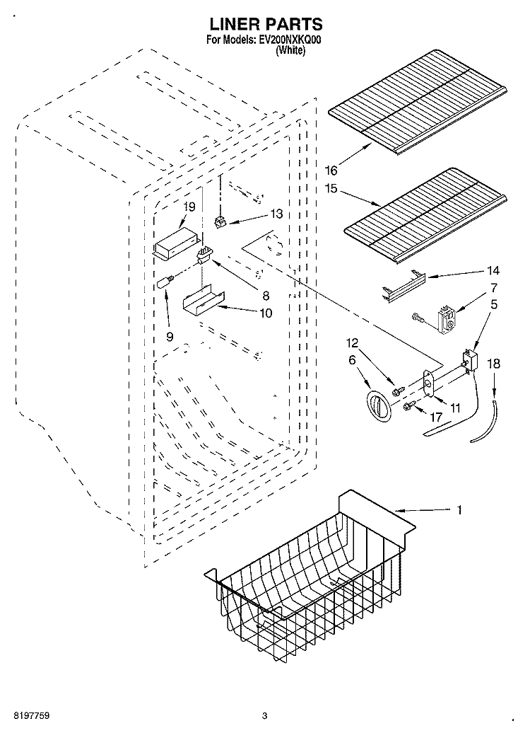 LINER Diagram and Parts List for EV200NXKQ00  Whirlpool Freezer