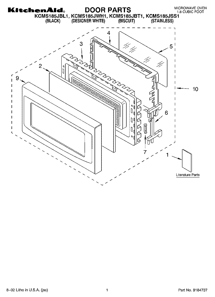 DOOR, LITERATURE Diagram and Parts List for KCMS185JBT1  KitchenAid Microwave