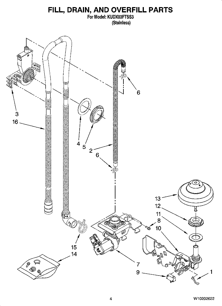 FILL, DRAIN, AND OVERFILL PARTS Diagram and Parts List for KUDX03FTSS3  KitchenAid Dishwasher