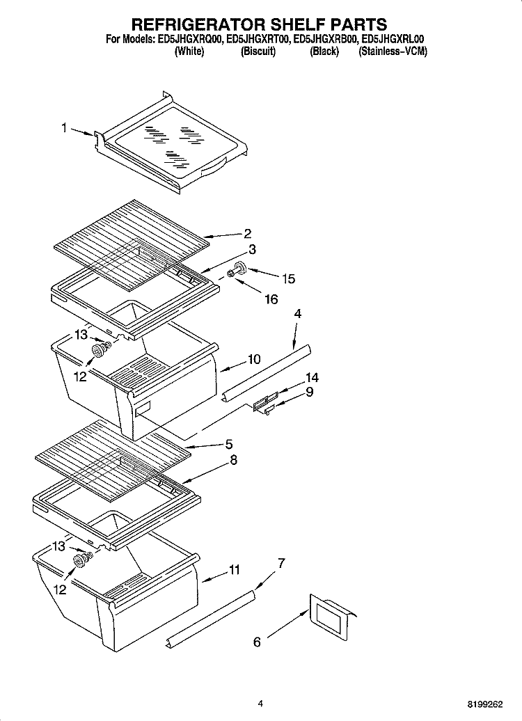 REFRIGERATOR SHELF PARTS Diagram and Parts List for ED5JHGXRB00  Whirlpool Refrigerator