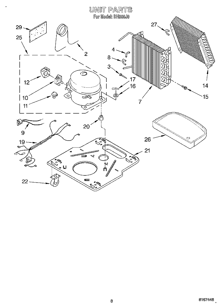 UNIT Diagram and Parts List for DH500J0  Whirlpool Dehumidifier