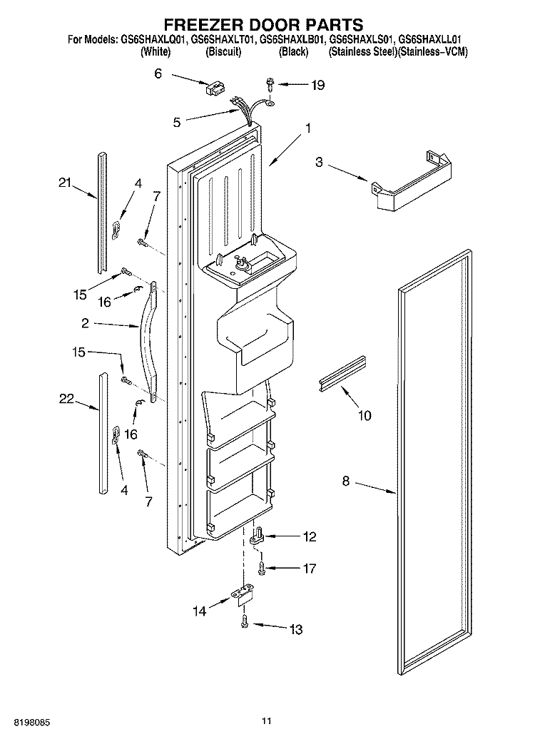 FREEZER DOOR Diagram and Parts List for GS6SHAXLS01  Whirlpool Refrigerator