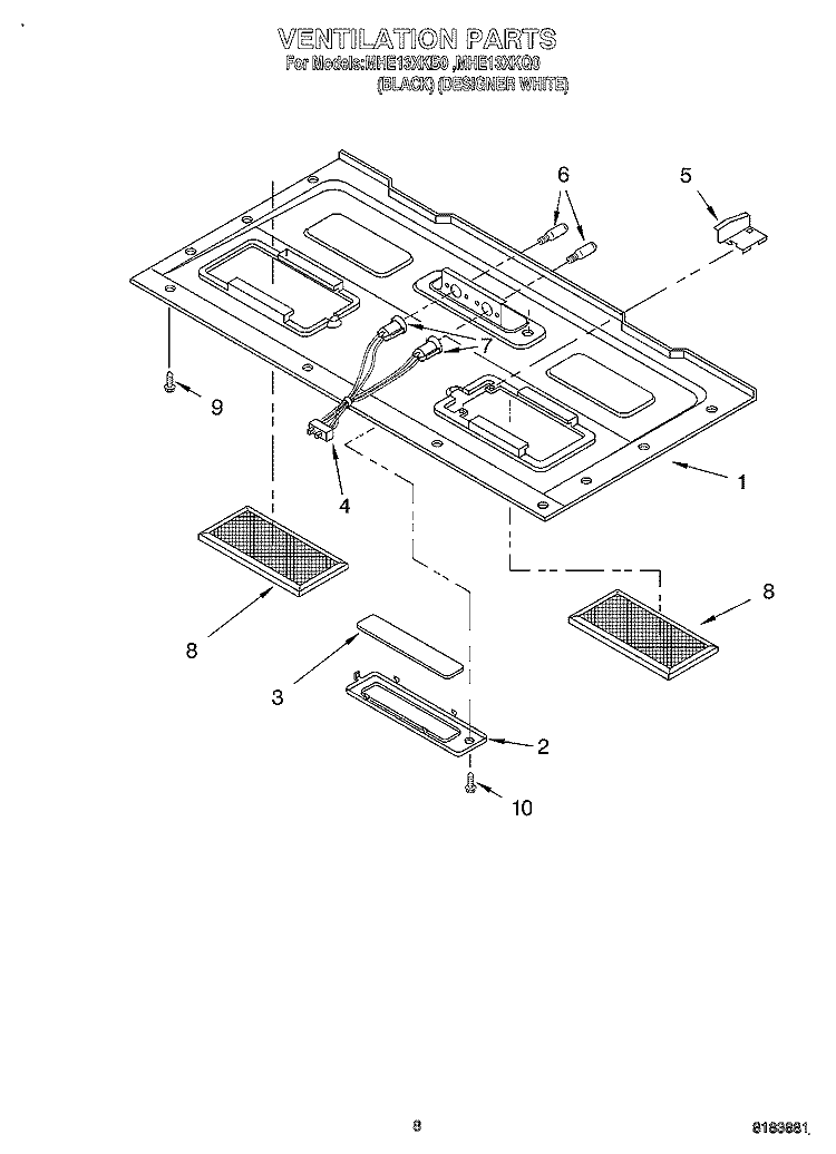 VENTILATION Diagram and Parts List for MHE13XKB0  Roper Microwave