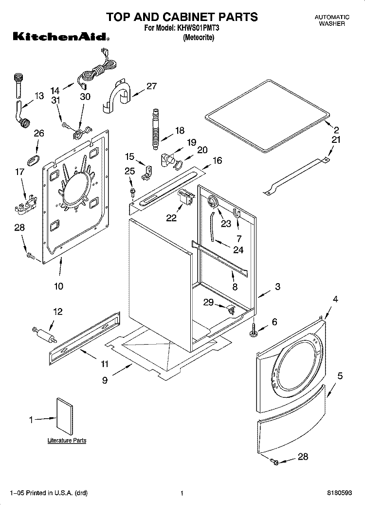TOP AND CABINET PARTS Diagram and Parts List for KHWS01PMT3  KitchenAid Washer