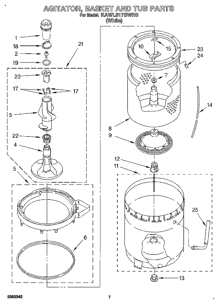 AGITATOR, BASKET, AND TUB Diagram and Parts List for KAWL517BWH0  KitchenAid Washer