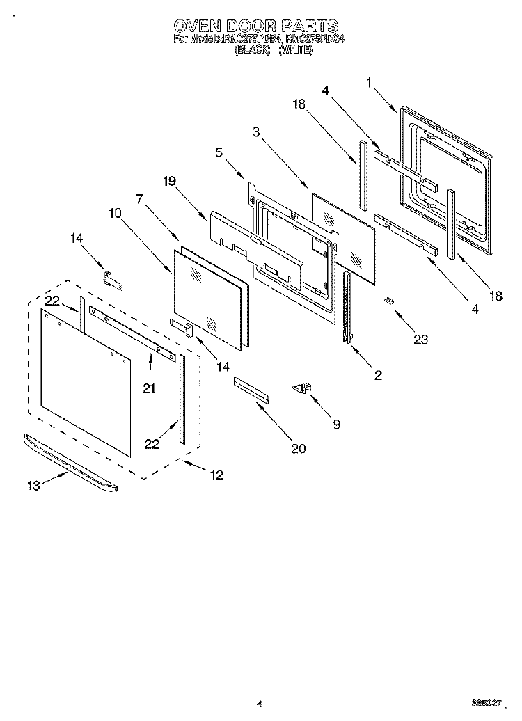 OVEN DOOR Diagram and Parts List for RMC275PDQ4  Whirlpool Microwave Oven Combo