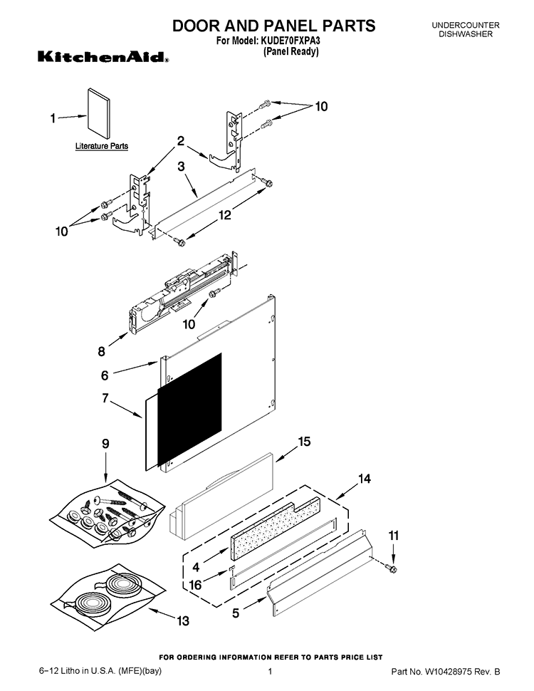DOOR AND PANEL PARTS Diagram and Parts List for KUDE70FXPA3  KitchenAid Dishwasher