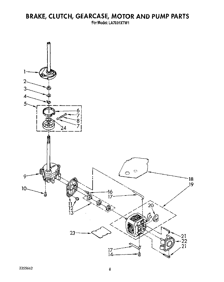 BRAKE, CLUTCH, GEARCASE, MOTOR AND PUMP Diagram and Parts List for LA7001XTF1  Whirlpool Washer