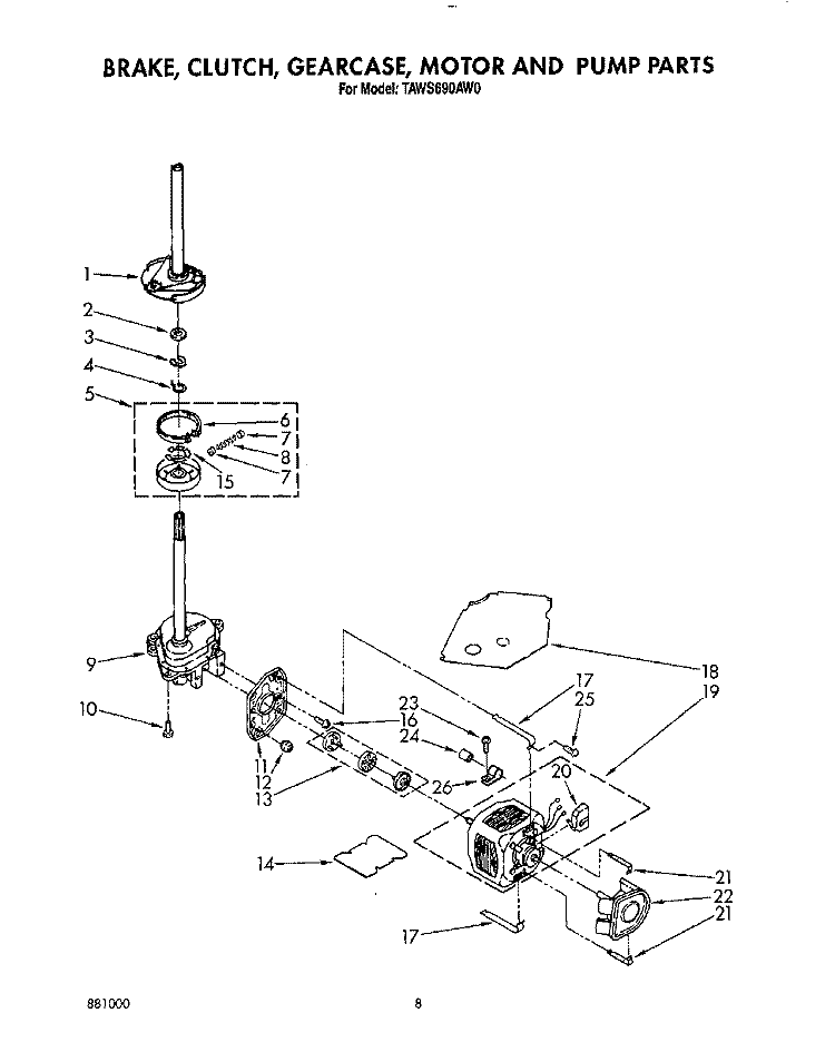 BRAKE, CLUTCH, GEARCASE, MOTOR AND PUMP Diagram and Parts List for TAWS690AN0  Whirlpool Washer