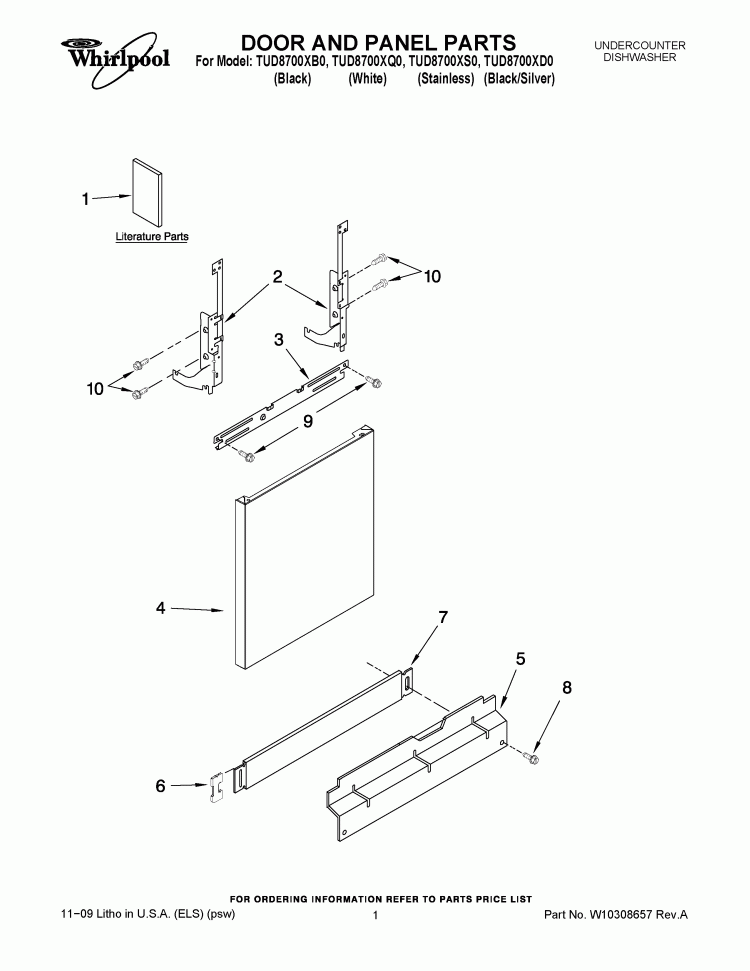 DOOR AND PANEL PARTS Diagram and Parts List for TUD8700XQ0  Estate Dishwasher