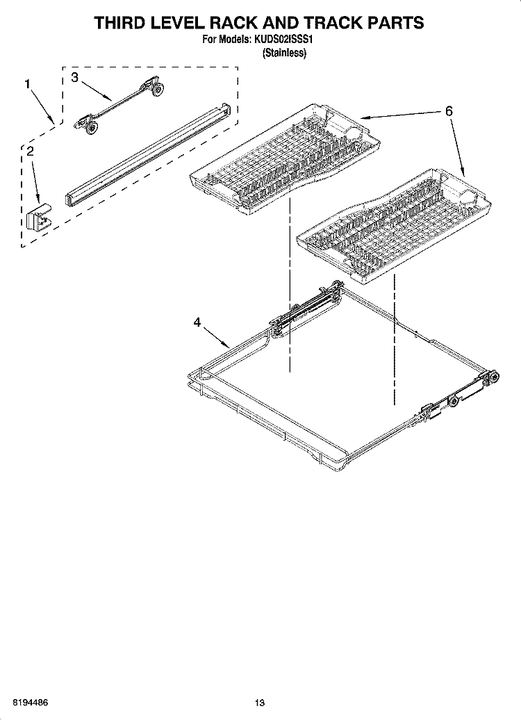 THIRD LEVEL RACK AND TRACK PARTS Diagram and Parts List for KUDS02ISSS1  KitchenAid Dishwasher