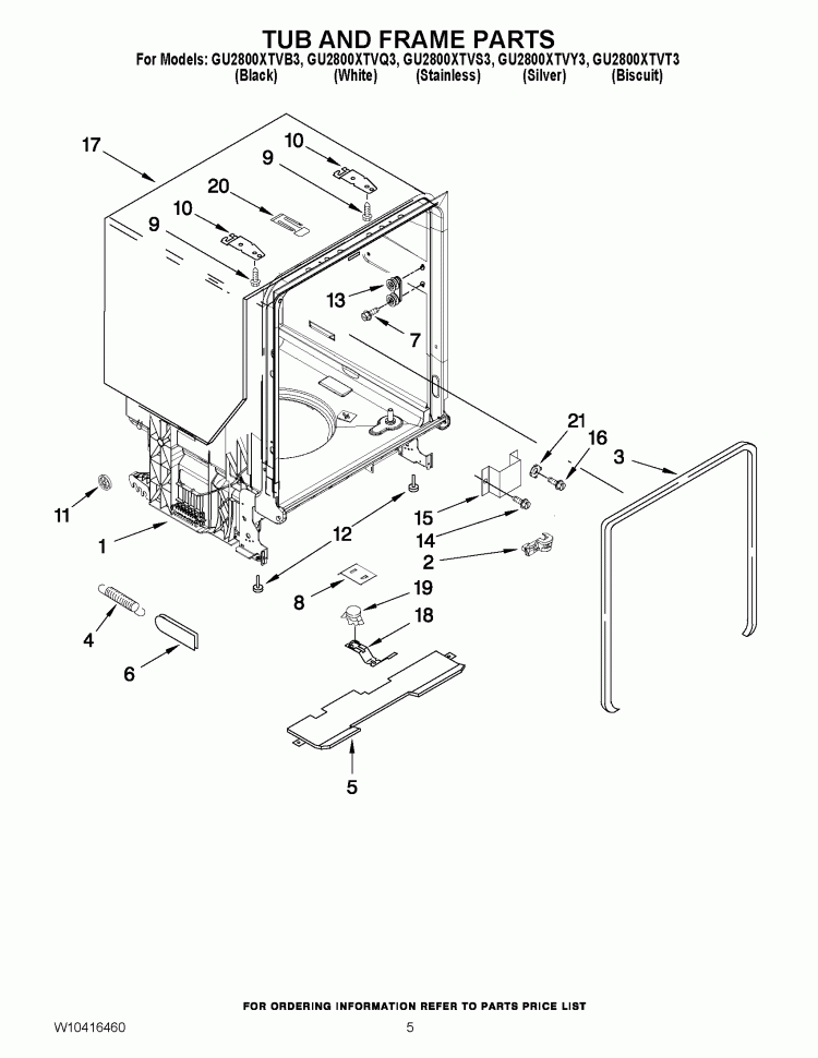 TUB AND FRAME PARTS Diagram and Parts List for GU2800XTVS3  Whirlpool Dishwasher