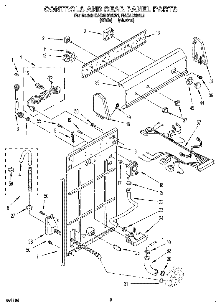 CONTROLS AND REAR PANEL Diagram and Parts List for RAB4132AL1  Roper Washer