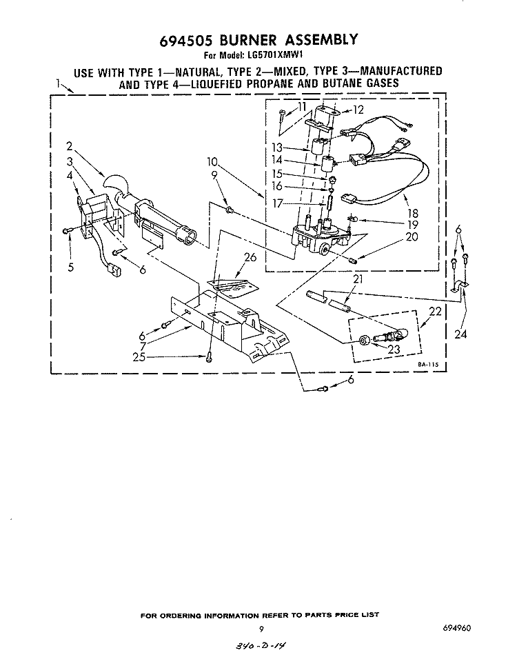 694505 BURNER Diagram and Parts List for LG5701XMW1  Whirlpool Dryer