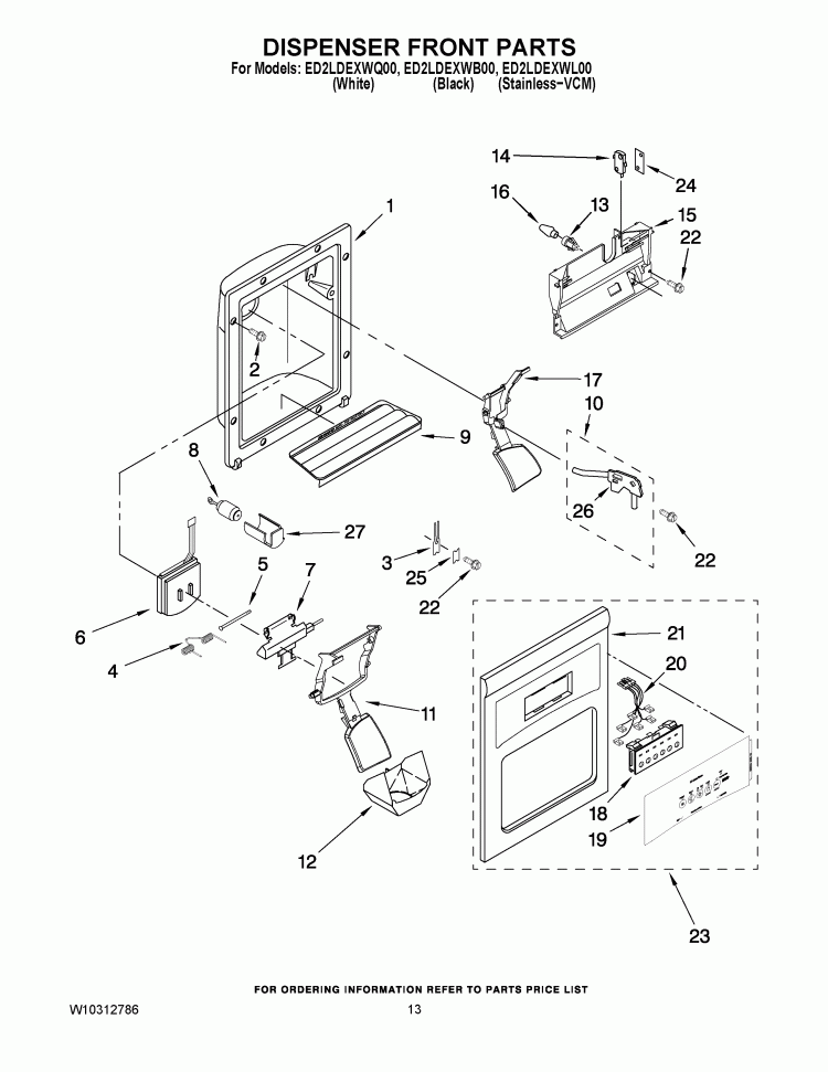 DISPENSER FRONT PARTS Diagram and Parts List for ED2LDEXWL00  Whirlpool Refrigerator