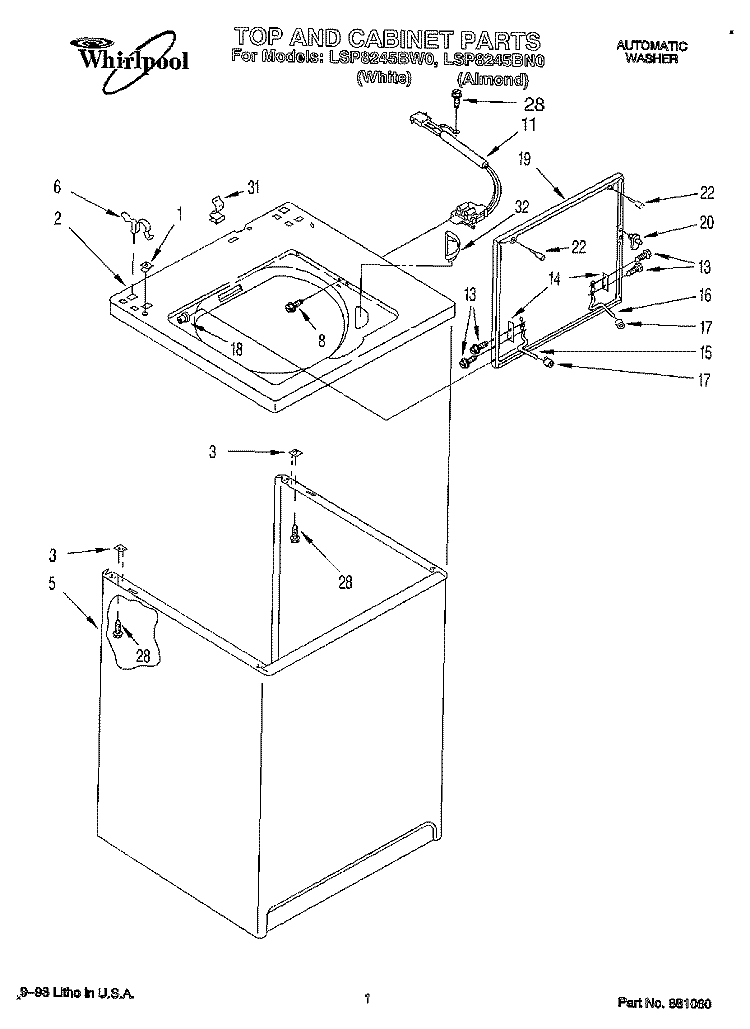 TOP AND CABINET, LIT/OPTIONAL Diagram and Parts List for LSP8245BN0  Whirlpool Washer