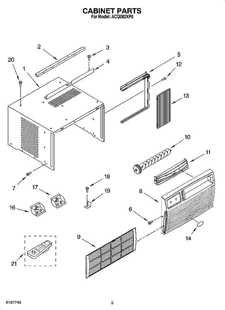 CABINET PARTS Diagram and Parts List for ACQ082XP0  Whirlpool Air Conditioner