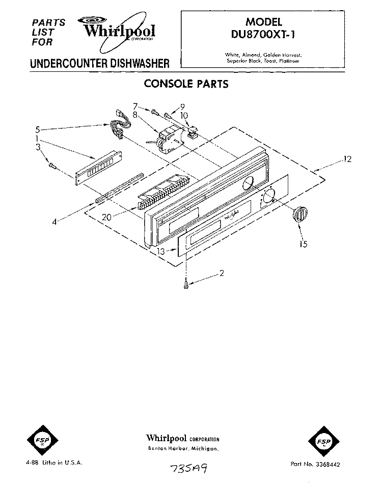 CONSOLE Diagram and Parts List for DU8700XT1  Whirlpool Dishwasher