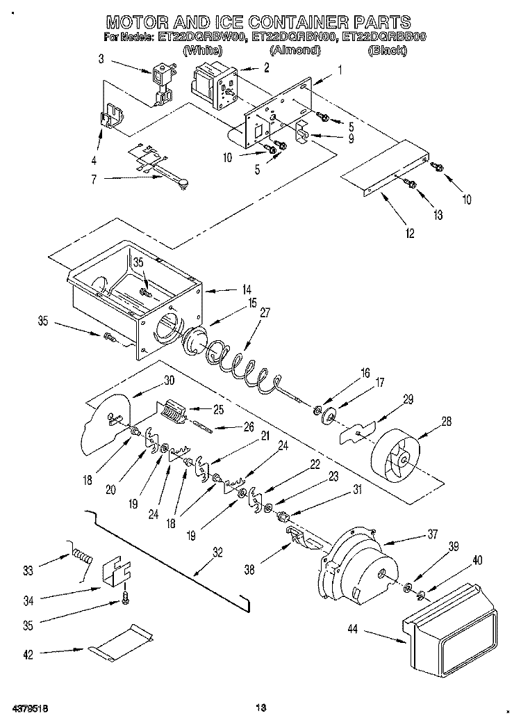 MOTOR AND ICE CONTAINER Diagram and Parts List for ET22DQRBW00  Whirlpool Refrigerator