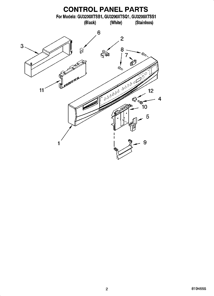 CONTROL PANEL PARTS Diagram and Parts List for GU3200XTSB1  Whirlpool Dishwasher