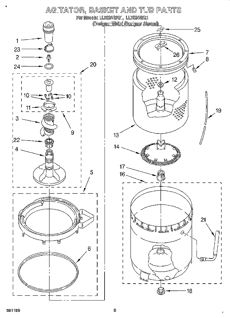 AGITATOR, BASKET AND TUB Diagram and Parts List for LLT8244BZ1  Whirlpool Washer