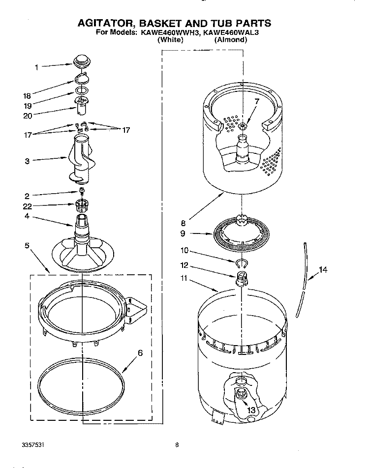 AGITATOR, BASKET AND TUB Diagram and Parts List for KAWE460WAL3  KitchenAid Washer