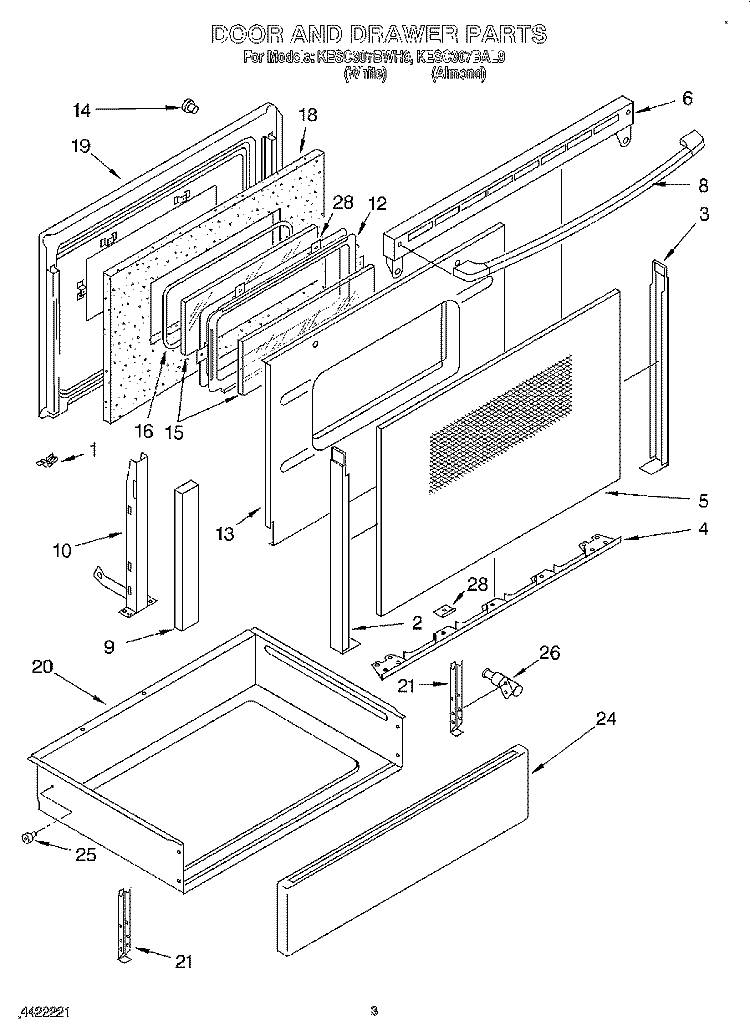 DOOR AND DRAWER Diagram and Parts List for KESC307BAL9  KitchenAid Range