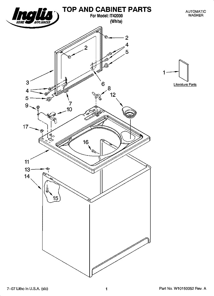 TOP AND CABINET PARTS Diagram and Parts List for IT42000  Inglis Washer