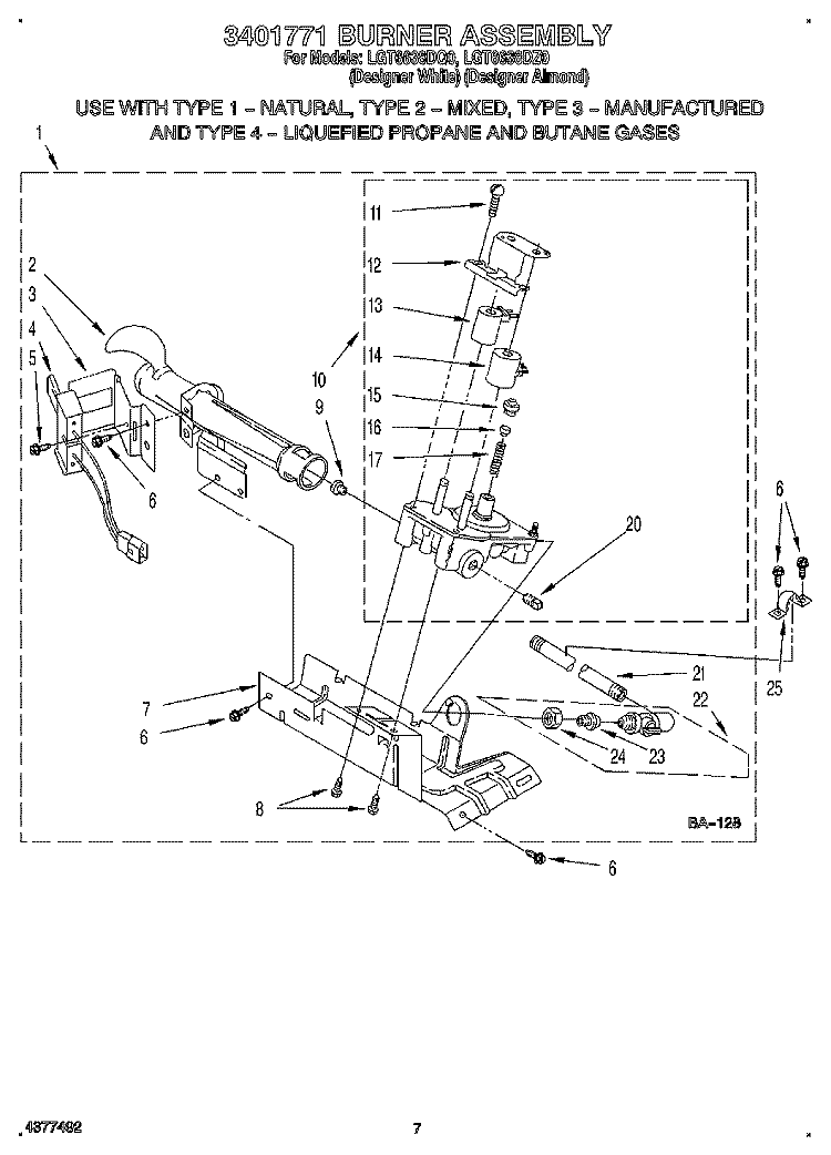 3401771 BURNER ASSEMBLY Diagram and Parts List for LGT6638DZ0  Whirlpool Dryer