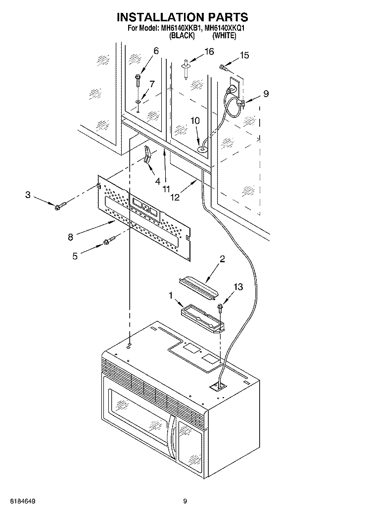 INSTALLATION Diagram and Parts List for MH6140XKQ1  Whirlpool Microwave
