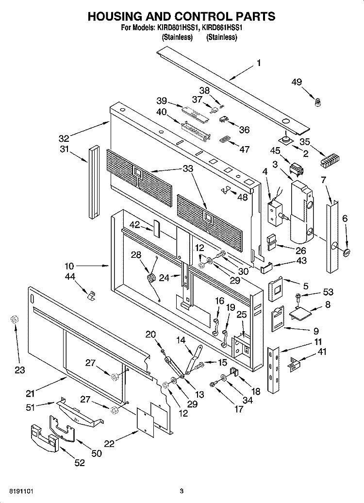 HOUSING AND CONTROL PARTS Diagram and Parts List for KIRD861HSS1  KitchenAid Range Hood