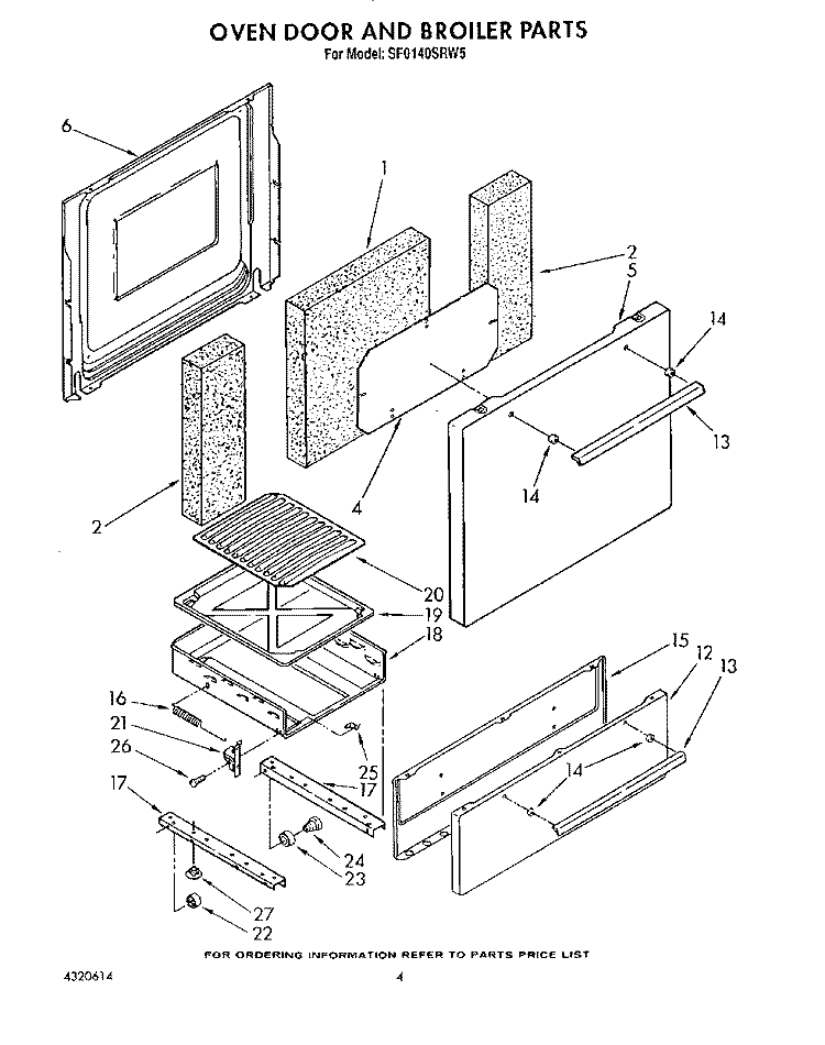 OVEN DOOR AND BROILER Diagram and Parts List for SF0140SRW5  Whirlpool Range