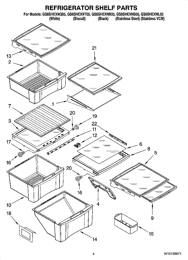 REFRIGERATOR SHELF PARTS Diagram and Parts List for GS6SHEXNB05  Whirlpool Refrigerator